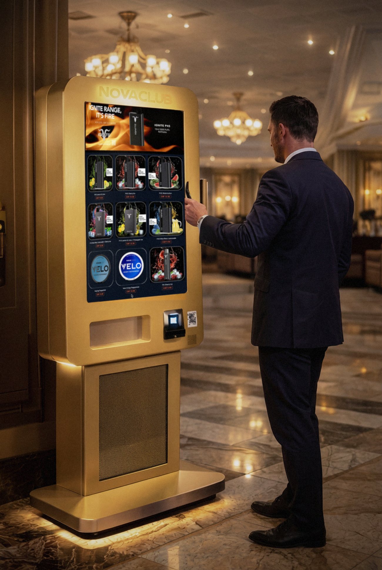 Ein Gast an einem goldenen Nova Club in einer Hotellobby