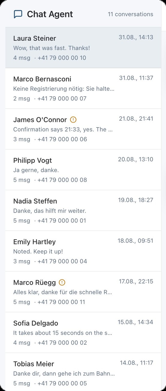 Der Chat-Posteingang im Vendtec Dashboard mit Gästegesprächen